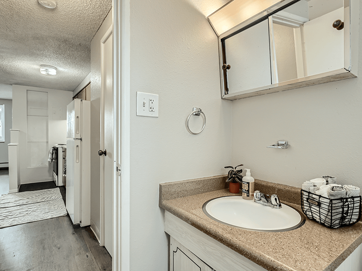 bathroom storage at South Federal Apartments
